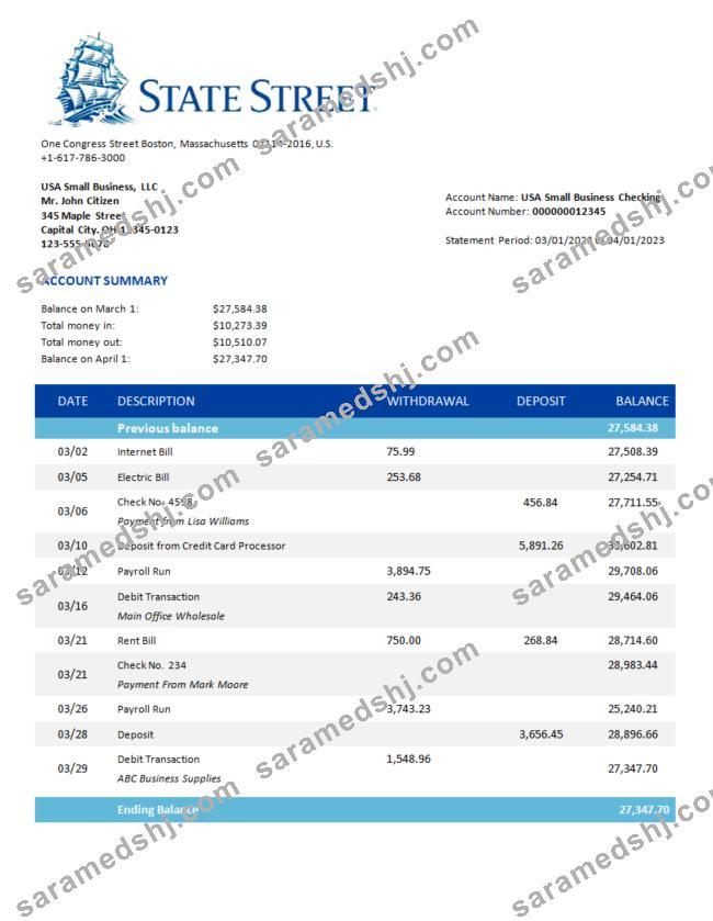 State Street Bank organization bank statement Word and PDF template